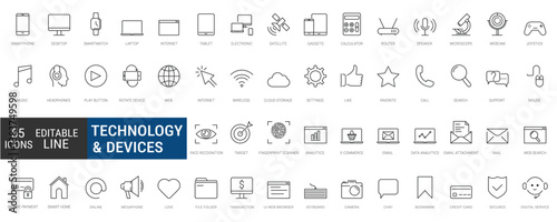 Set of technology and device web icons in editable thin line style. Computer, smartphone, tablet, laptop, and network symbols. Vector illustration.