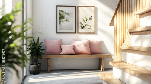 Wooden bench with pink pillows near staircase against white wall with three poster frame, scandinavian style interior design of modern entrance hall