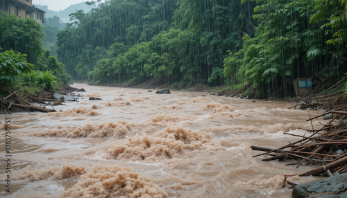 Muddy River Flowing Through a Dense Forest Landscape