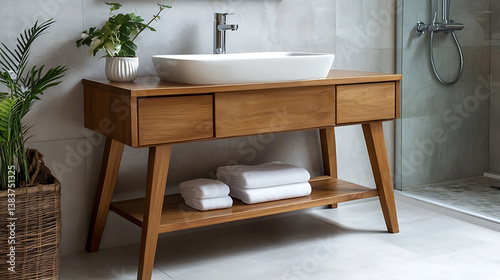 Wooden washstand with white ceramic vessel sink, interior design of modern bathroom