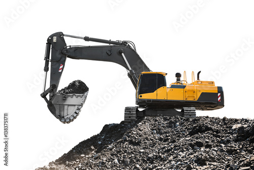 Large quarry dump truck. Loading the rock in dumper. Loading coal into body truck. Production useful minerals. Mining truck mining machinery, to transport coal from open-pit excavator work