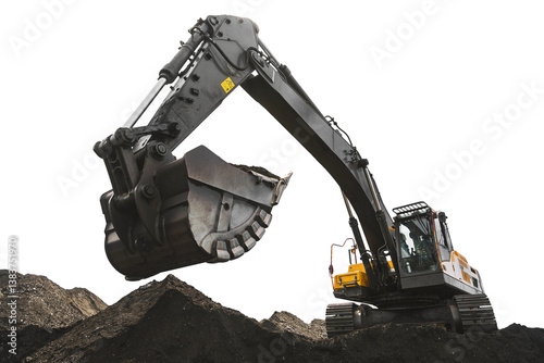 Yellow big excavator in the coal mine, loads the breed, with the bright sun and nice blue sky in the background. Mining truck mining machinery. Technique in coal mine