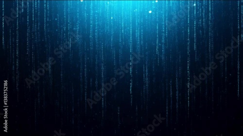 Vertical streams of blue binary code descend against a dark background, creating a digital matrix-like effect. The numbers and letters are illuminated, resembling cascading data or rain
