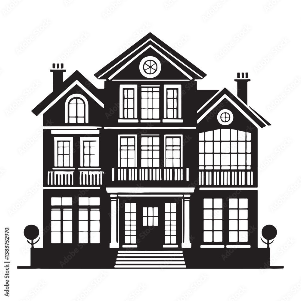 Fototapeta premium Chic Townhouse silhouette, showcasing fashionable city architecture – Townhouse illustration – Townhouse vector – Modern residence silhouette