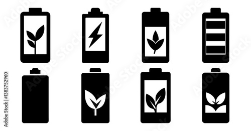 Collection of eight different battery icons representing various charging levels and ecofriendly energy sources