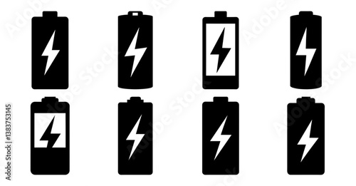 Collection of eight black battery icons with white lightning bolt symbols indicating charging or power status, suitable for user interfaces and graphic designs.