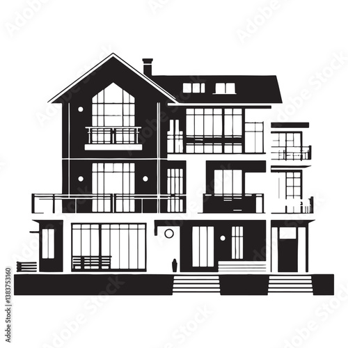 Stylish Townhouse silhouette, showcasing trendy design and urban flair – Townhouse illustration – Townhouse vector – Trendy residence silhouette

