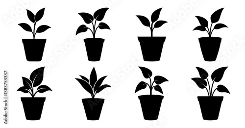 Collection of eight potted plants in black silhouette illustrations showing different types of houseplants in simple flowerpots