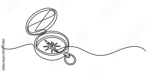 Continuous one line drawing of traveller compass. One line drawing illustration of compass navigate and adventure. Navigation, direction, journey concept line art. Editable outline, Magnetic compass.
