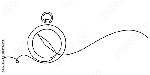 Continuous one line drawing of traveller compass. One line drawing illustration of compass navigate and adventure. Navigation, direction, journey concept line art. Editable outline, Magnetic compass.