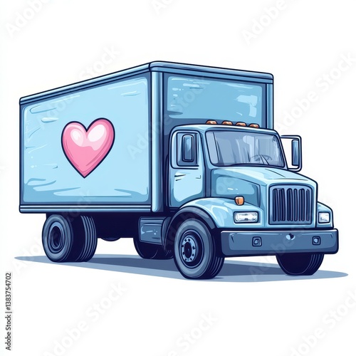 Delivery truck with a heart symbol on its side parked in a bright setting
