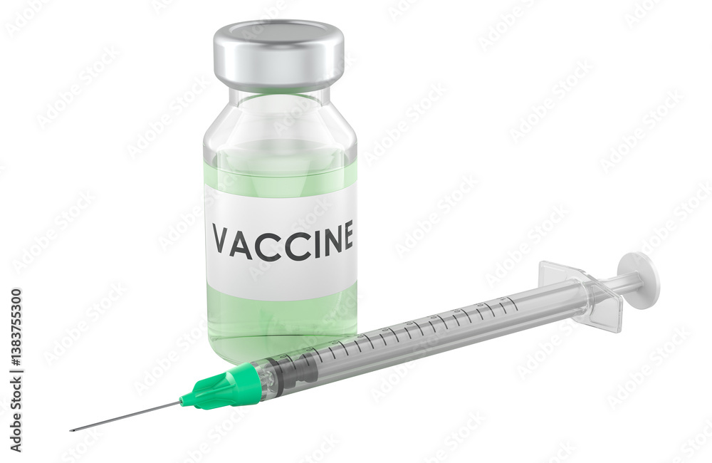 Vaccine in vial with syringe. Vaccination, concept. 3D rendering isolated on transparent background Vaccine in vial with syringe. Vaccination, concept. 3D rendering isolated on transparent background
