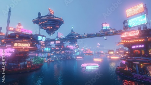 Futuristic cityscape with neon lights reflecting on water, representing a cyberpunk metropolis. Ideal for science fiction backgrounds, game design, and digital art.