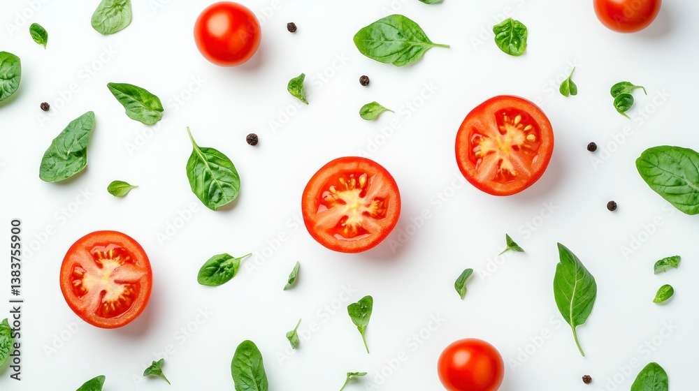 Tomato Basil Pattern on White Fresh Food Background Food Flatlay Tomato Basil Pattern on White Fresh Food Background Food Flatlay