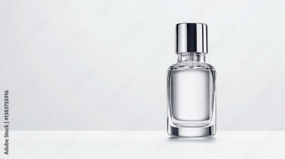 Clear Glass Perfume Bottle with Silver Cap on White Background Clear Glass Perfume Bottle with Silver Cap on White Background