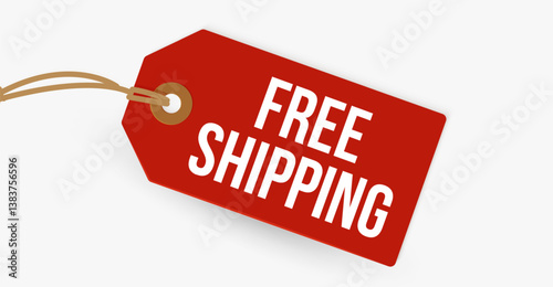 Free shipping text on red hanging price tag with string, evokes urgency, savings, promo offer. Ideal for ecommerce banners, packaging, sale labels. Vector illustration