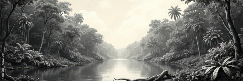 Fototapeta premium Monochromatic Tranquility of Tropical River Scene