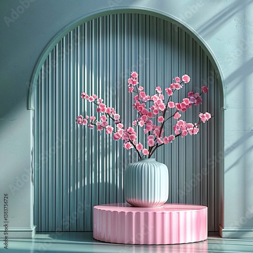 Bright and stylish interior with blooming branches in decorative vases and pastel colors