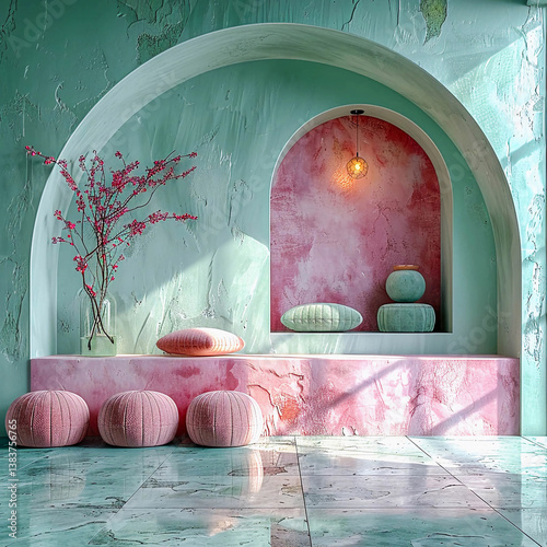 Bright and stylish interior with blooming branches in decorative vases and pastel colors