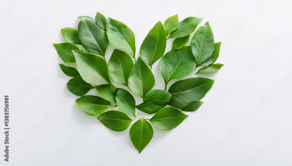 Obraz premium Heart made of fresh green leaves, symbol of eco love and wellness, isolated on white backdrop.