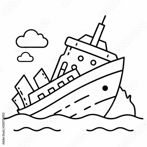 Wrecked Ship Outline Coloring Book Page Line Art