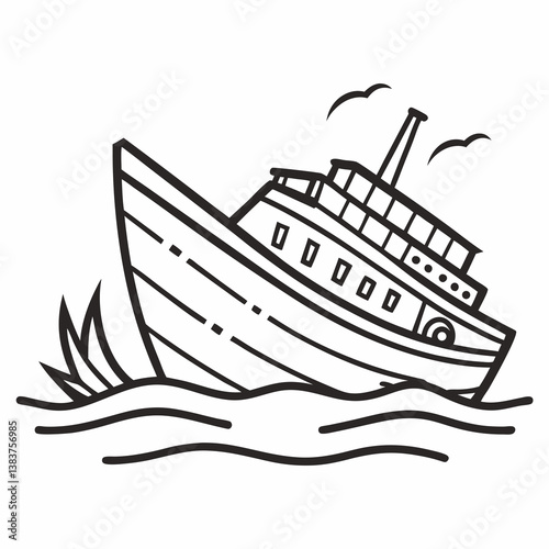 Wrecked Ship Outline Coloring Book Page Line Art