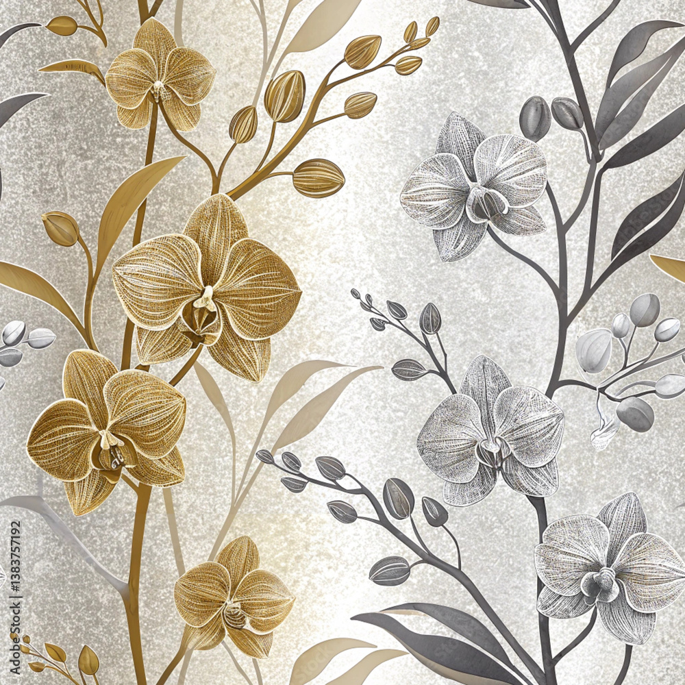 Obraz premium Floral pattern with orchids in shades of gold and gray, creating an elegant and sophisticated design