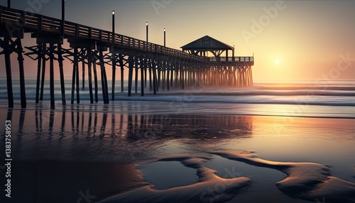Pier reflection  Sunrise scenery with ocean waves and light post at beach