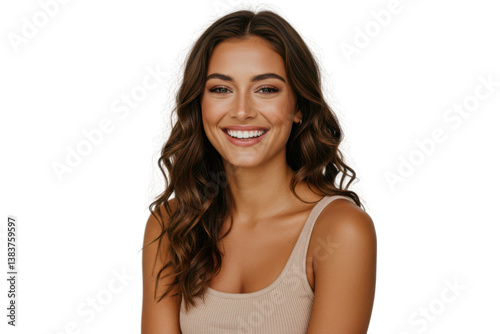 Young woman with long hair smiling radiantly against transparent background