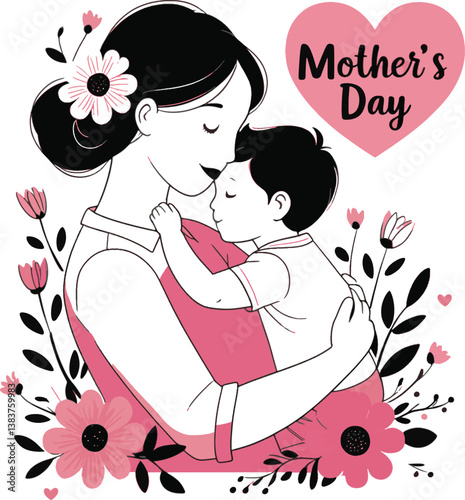 Embrace of Mother's Day: Tender illustration of a mother cradling her child, surrounded by floral elements, embodying the essence of maternal love and celebration.