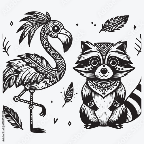 A Cartoon tribal Flamingo and Raccoon with feathers stock illustration