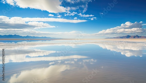 Horizon reflection on salt flats under blue sky with fluffy clouds and distant mountains