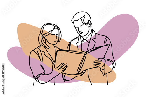 one line drawing of business man and business woman holding a note book discussing, vector 