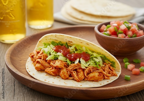 A succulent pulled chicken taco brimming with flavor, nestled in a warm tortilla and topped with vibrant salsa and crisp lettuce, displayed on a rustic wooden platter with warm lighting.