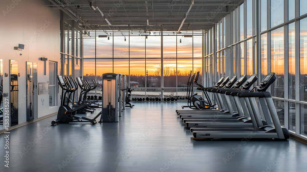 Obraz premium Modern Gym Interior With Treadmills And Large Windows Offering City Sunset View