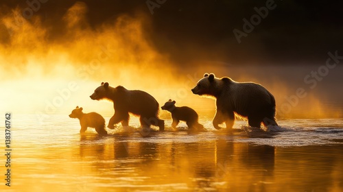 Brown Bear Family Sunrise Silhouette