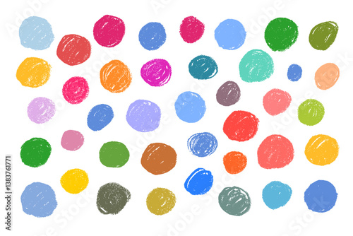 Multicolored circles drawn by hand with colored pencils, chalk on paper with uneven, sloppy, torn edges. Vector illustration of round backgrounds as templates for text, inscriptions, titles.