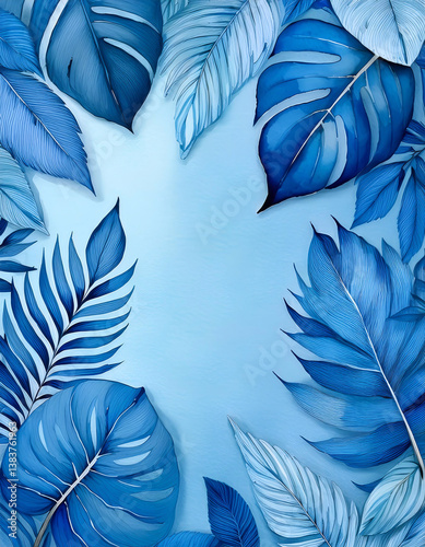 Blue-toned tropical leaves arranged in a circular pattern on a light background, showcasing intricate details and textures Generative AI