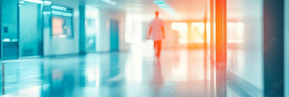 Blurred hospital or medical corridor with soft blue and orange tones, showing a silhouetted figure walking through a bright, sterile hallway with reflective floors and glass doors Blurred hospital or medical corridor with soft blue and orange tones, showing a silhouetted figure walking through a bright, sterile hallway with reflective floors and glass doors