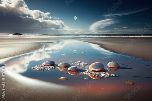 Pebbles reflect sky and moon in tidepool on a sandy beach against cloudy coastal background