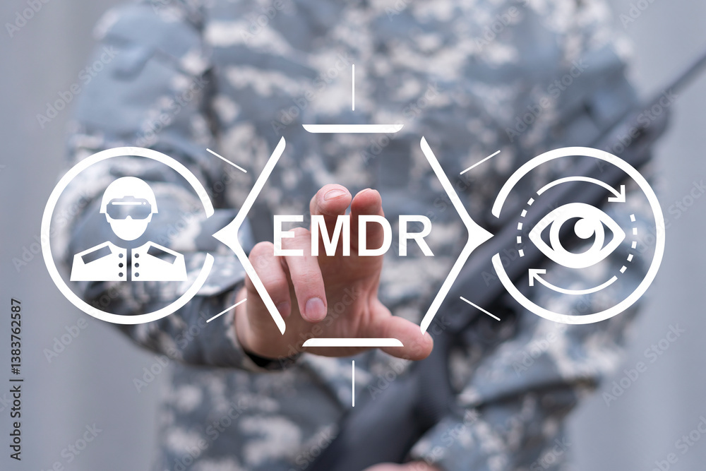 Soldier or veteran using virtual touch screen push abbreviation: EMDR. EMDR or Eye Movement Desensitization Reprocessing Therapy PTSD Military Concept.