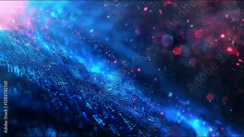 Abstract digital design with a vibrant arrangement of glowing blue and red dots and lines on a dark background. The composition evokes a sense of technological connectivity