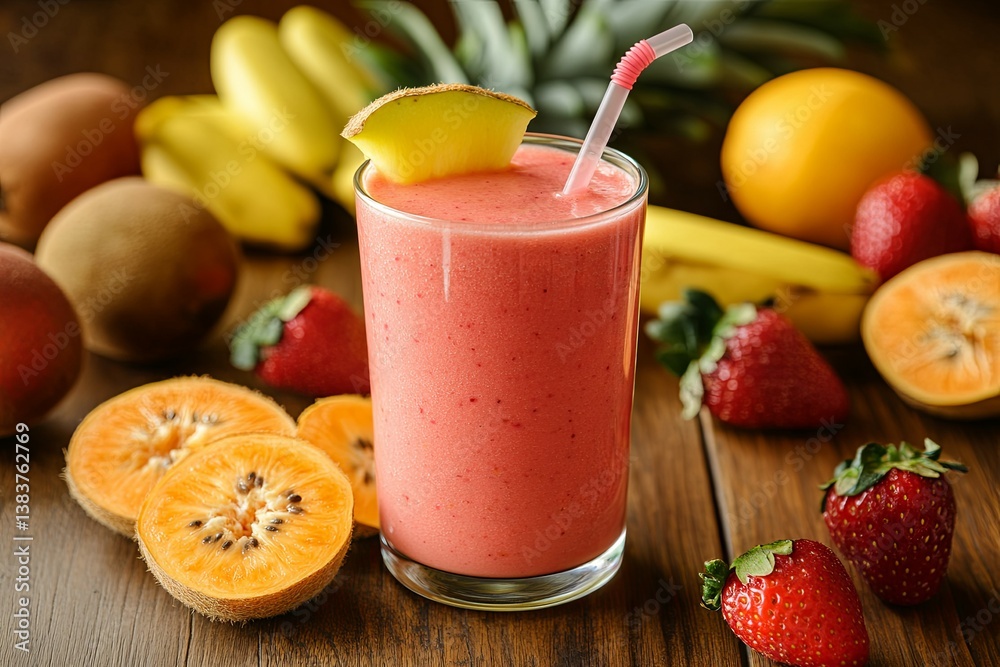 A refreshing pink smoothie is surrounded by various fresh fruits A refreshing pink smoothie is surrounded by various fresh fruits