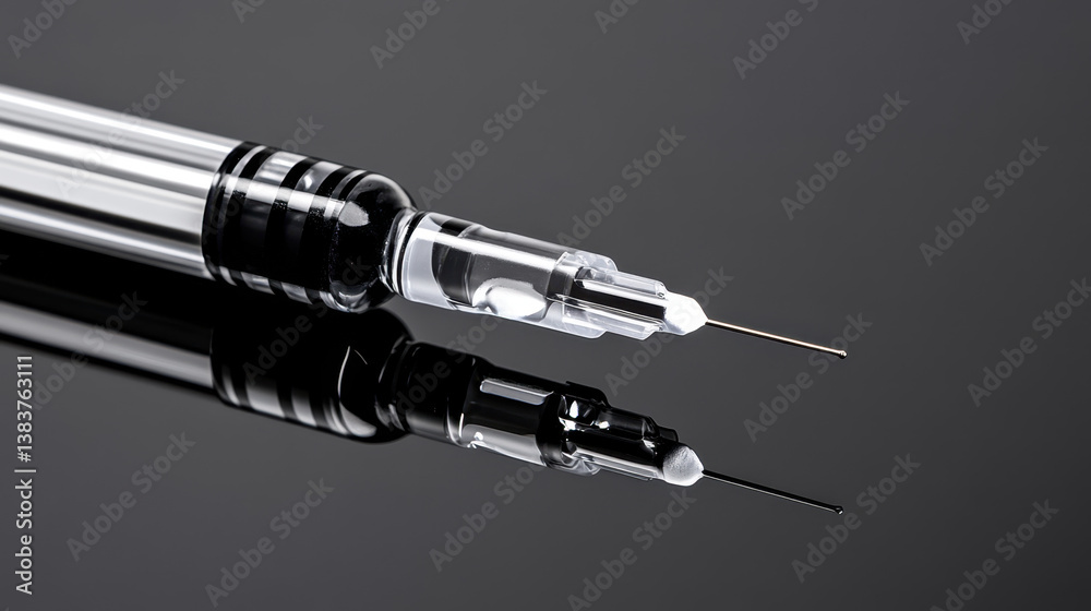 Medical Syringe Close Up Reflective Surface, Clear Liquid, Precision Detail Medical Syringe Close Up Reflective Surface, Clear Liquid, Precision Detail