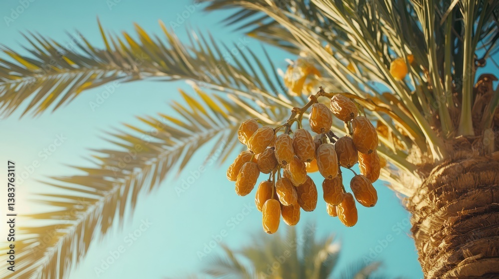 Ripe dates on palm tree, sunny desert sky (2)