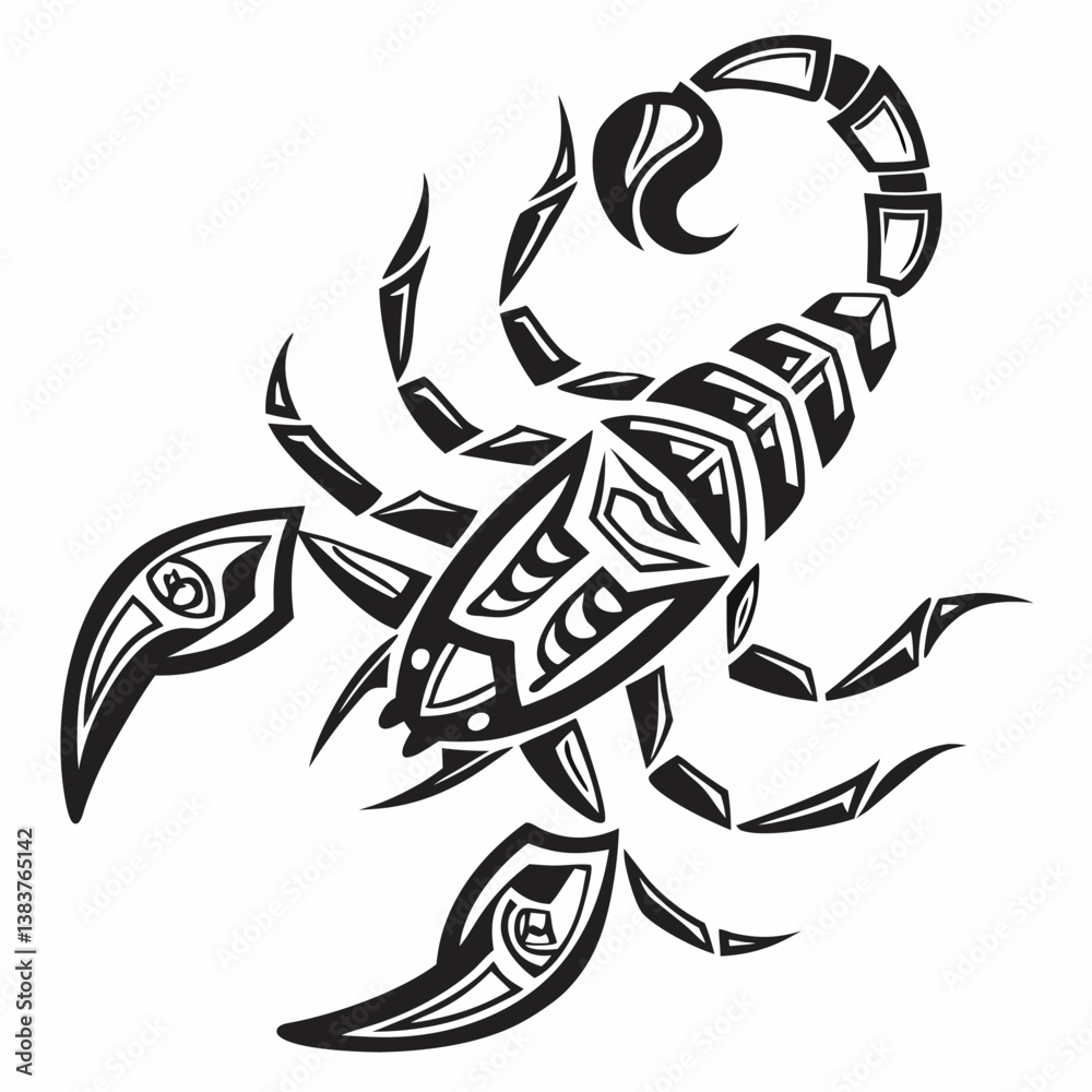 Black and white illustration, tribal scorpion design, intricate patterns Black and white illustration, tribal scorpion design, intricate patterns