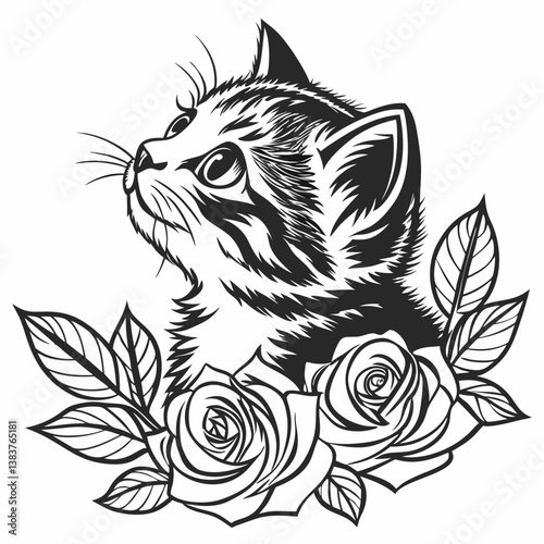 Detailed black and white illustration, cat head, kitten portrait, side view, curious expression, whiskers, fur texture, rose flowers, leaves, floral arrangement