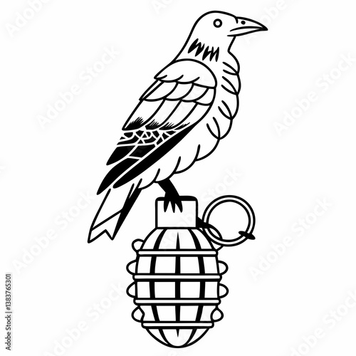 Black and white illustration, bird perched on grenade, vintage tattoo style, stark contrast, symbolic imagery, raven or crow, military motif, danger and peace