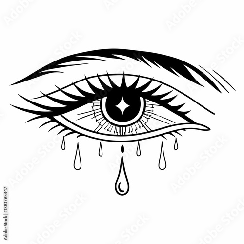 Black and white illustration, detailed human eye, dramatic eyelashes, stylized eyebrow, teardrop pattern, surreal artwork, high contrast, graphic design, emotional symbolism