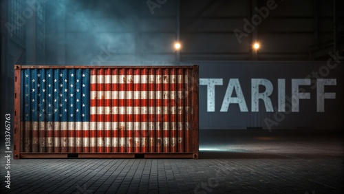 Reciprocal Tariffs. Import Tariffs USA 2025 Container with American flag design, highlighting trade tariffs in an industrial setting.